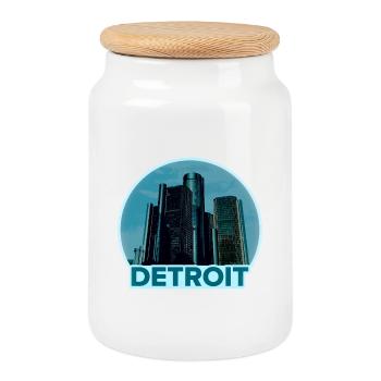 Detroit Skyline Retro Blau Logo - Keksdose mit Holzdeckel - Weiß - Vorne