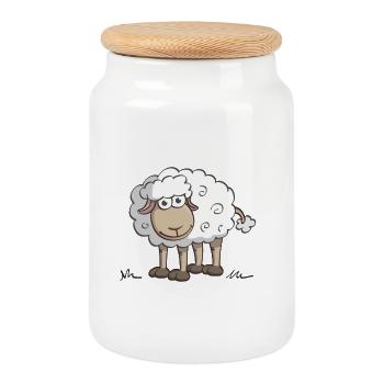 Cheerful illustration of a smiling sheep - Cookie Jar with Wooden Lid - white - Front