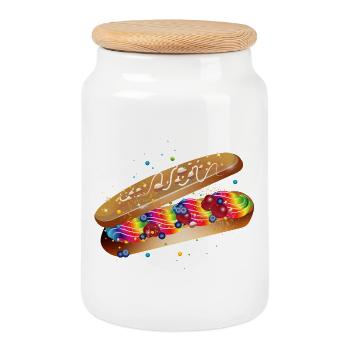 Illustration eines gefüllten kunterbunten Eclairs - Keksdose mit Holzdeckel - Weiß - Vorne