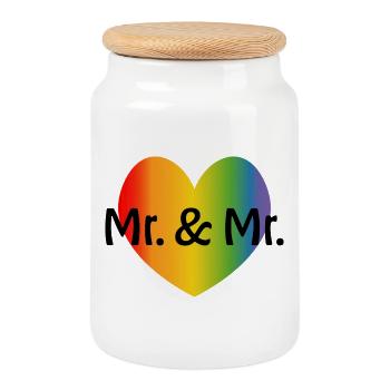 Rainbow Mr and Mr 2 rainbow heart - Cookie Jar with Wooden Lid - white - Front
