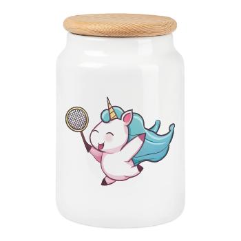 Unicorn plays badminton and tennis - Cookie Jar with Wooden Lid - white - Front