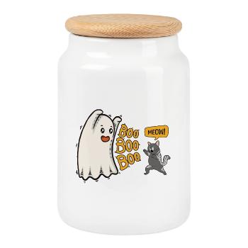 Boo! Funny Halloween ghost with fighting cat - Cookie Jar with Wooden Lid - white - Front
