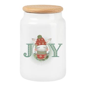white rabbit with sweater, bobble hat & joy - Cookie Jar with Wooden Lid - white - Front
