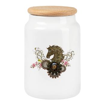 Dieses einzigartige Steampunk-Pferd mit Blumen - Keksdose mit Holzdeckel - Weiß - Vorne