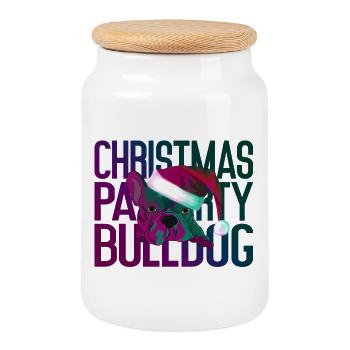 Bouledogue de Noël : Fête de Noël chapeau de Père Noël - Boîte à biscuits avec couvercle en bois - blanc - Devant
