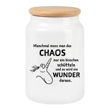 lustiger Spruch witzige Sprüche Chaos schütteln  - Keksdose mit Holzdeckel - Weiß - Vorne
