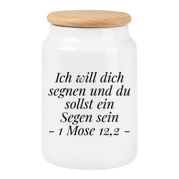 Segen sein: Christliches Geschenk 1 Mose 12,2 - Keksdose mit Holzdeckel - Weiß - Vorne