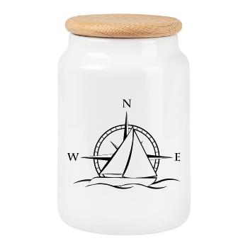 Voilier avec rose des vents noir neutre - Boîte à biscuits avec couvercle en bois - blanc - Devant