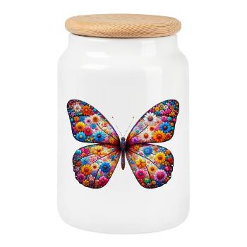 Papillon décoré de fleurs - Boîte à biscuits avec couvercle en bois - blanc - Devant