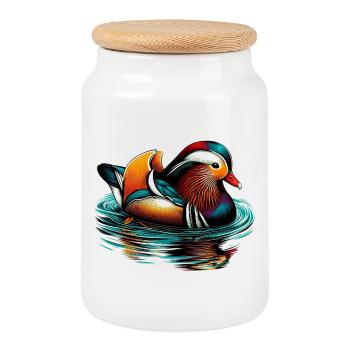 Mandarin duck - Cookie Jar with Wooden Lid - white - Front