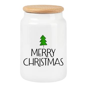 Merry Christmas with Christmas tree - Cookie Jar with Wooden Lid - white - Front