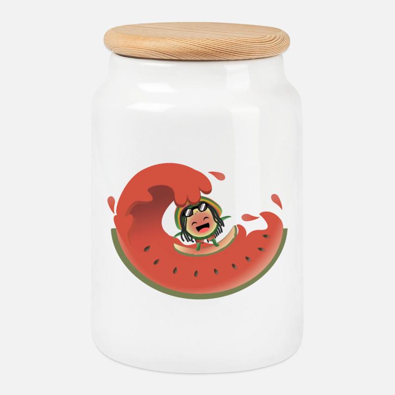Surfende Wassermelone - Keksdose mit Holzdeckel - Weiß
