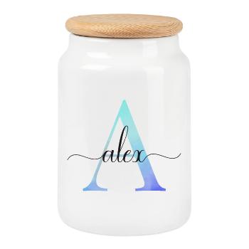 A| Monogram | Name | Alex | Watercolor - Cookie Jar with Wooden Lid - white - Front