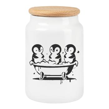 Fröhliche Pinguine in der Badewanne im Stencil-Sti - Keksdose mit Holzdeckel - Weiß - Vorne