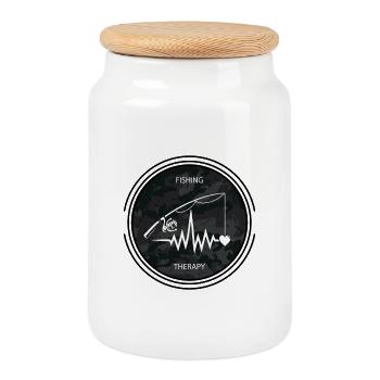 Fishing Therapy: fishing rod, heart and ECG - Cookie Jar with Wooden Lid - white - Front