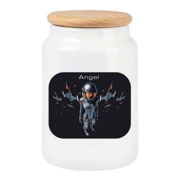 jet fighter angel - Cookie Jar with Wooden Lid - white - Front