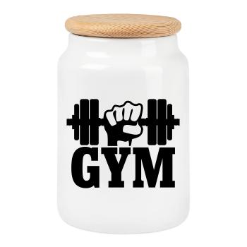 GYM Faust mit Hantel - Keksdose mit Holzdeckel - Weiß - Vorne
