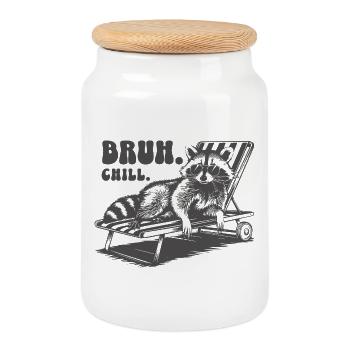 BRUH CHILL-funny raccoon with sunglasses - Cookie Jar with Wooden Lid - white - Front