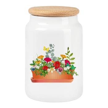 Fleurs colorées dans un bac à fleurs - Boîte à biscuits avec couvercle en bois - blanc - Devant