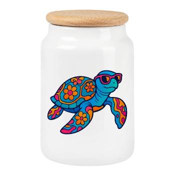 Colorful flower animal turtle with sunglasses - Cookie Jar with Wooden Lid - white - Front