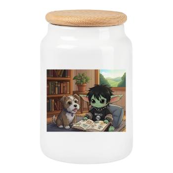 Mignon ami livre fantastique avec chien - Boîte à biscuits avec couvercle en bois - blanc - Devant