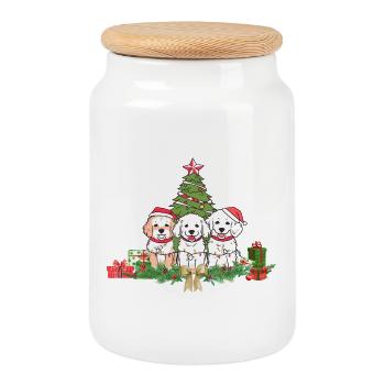 Festliches Welpen und Tannenbaum Design - Keksdose mit Holzdeckel - Weiß - Vorne