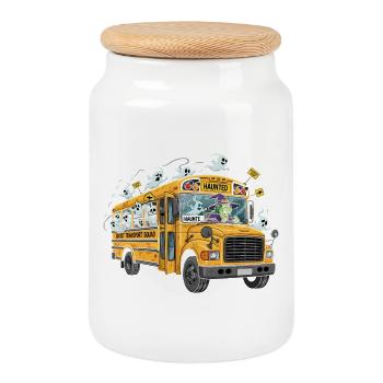Haunted School Bus with Ghosts and Witch - Cookie Jar with Wooden Lid - white - Front