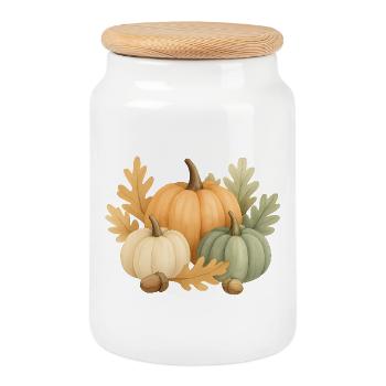 Pumpkins, oak leaves &amp; acorns - Cookie Jar with Wooden Lid - white - Front
