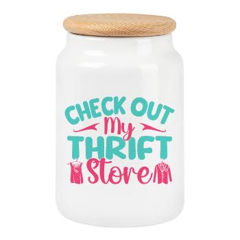 Thrift Shopper Check Out My Thrift Store Thrift - Cookie Jar with Wooden Lid - white - Front
