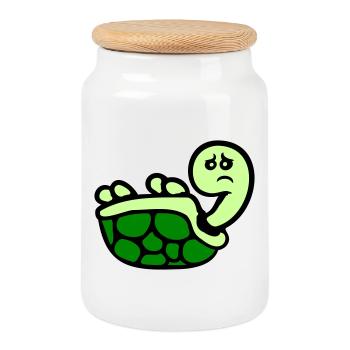 Turtle tipped over on its back lying sad - Cookie Jar with Wooden Lid - white - Front