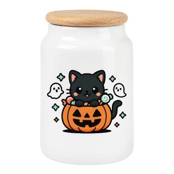 Kawaii kitten in Halloween pumpkin - Cookie Jar with Wooden Lid - white - Front