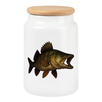 Detailed Zander Fish Artwork - Cookie Jar with Wooden Lid - white - Front