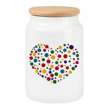 T-shirt coeur tacheté | Les points colorés aiment le design - Boîte à biscuits avec couvercle en bois - blanc - Devant
