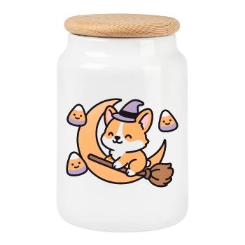Renard sorcier sur lune - Boîte à biscuits avec couvercle en bois - blanc - Devant