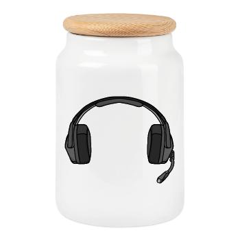Casque avec micro - Boîte à biscuits avec couvercle en bois - blanc - Devant