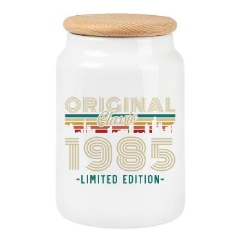 Original 1985 Vintage Retro Birthday Gift - Cookie Jar with Wooden Lid - white - Front