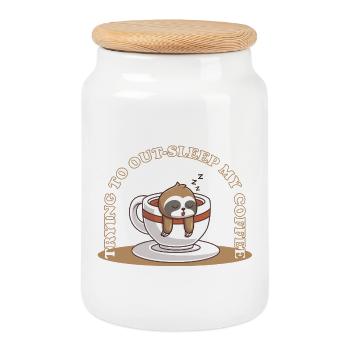 Trying to Out-Sleep My Coffee – Faultier Kaffee - Keksdose mit Holzdeckel - Weiß - Vorne