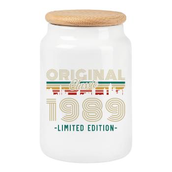 1989 Vintage Retro Birthday Gift - Cookie Jar with Wooden Lid - white - Front