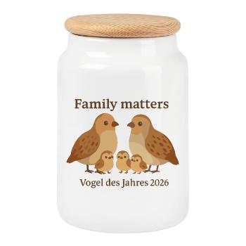 Rebhuhn Familie – Vogel des Jahres 2026 Family Mat - Keksdose mit Holzdeckel - Weiß - Vorne