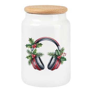 Christmas Headphones with Fir Green - Cookie Jar with Wooden Lid - white - Front