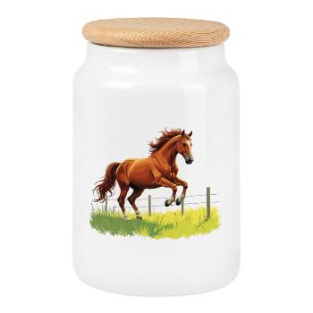 Cheval cabré à la clôture du pâturage - Boîte à biscuits avec couvercle en bois - blanc - Devant