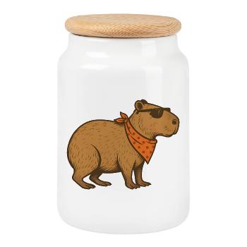 Cooles Capybara mit Sonnenbrille und orangefarbenem Bandana - Keksdose mit Holzdeckel - Weiß - Vorne