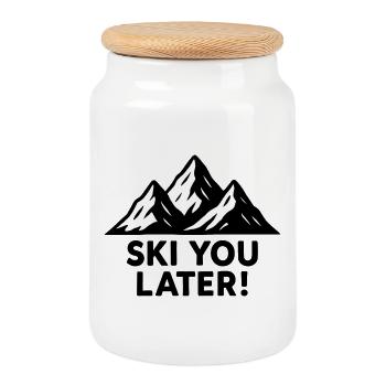 Snowy Mountains – Ski You Later! - Cookie Jar with Wooden Lid - white - Front
