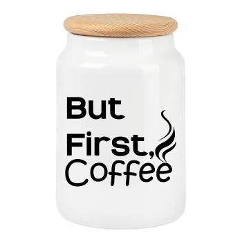 but first coffee - Cookie Jar with Wooden Lid - white - Front
