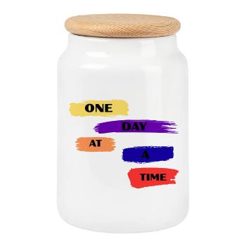 One Day At A Time Brush Quote - Cookie Jar with Wooden Lid - white - Front