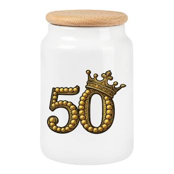 Golden 50 with Crown – Noble Birthday Motif - Cookie Jar with Wooden Lid - white - Front