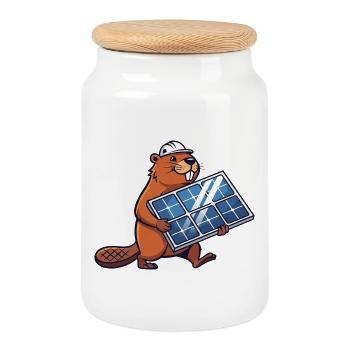 Beaver Installer Solar Panel Engineer Cartoon - Cookie Jar with Wooden Lid - white - Front