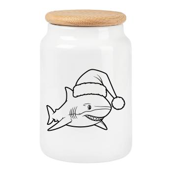 Illustration de bande dessinée de requins de Noël - Boîte à biscuits avec couvercle en bois - blanc - Devant