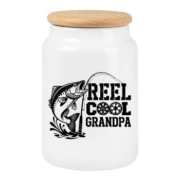 Fishing Angler Fisherman Fish, Reel Cool Grandpa - Cookie Jar with Wooden Lid - white - Front