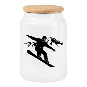 Snowboarder Schattenbild mit Bergpanorama - Keksdose mit Holzdeckel - Weiß - Vorne